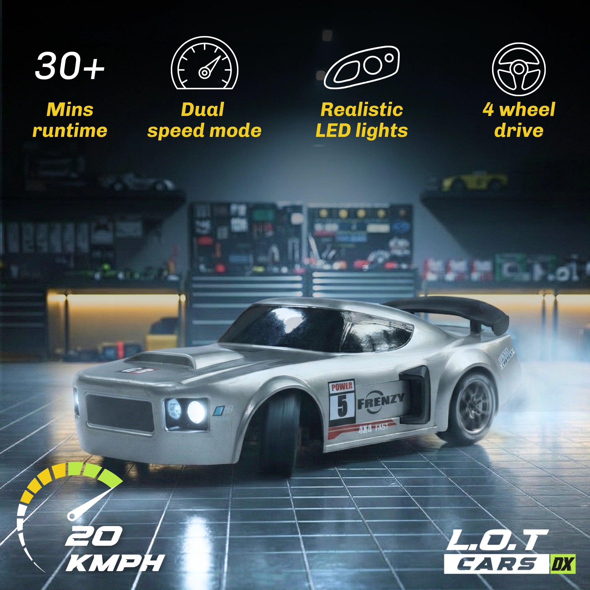 RC car with features listed on a dark background