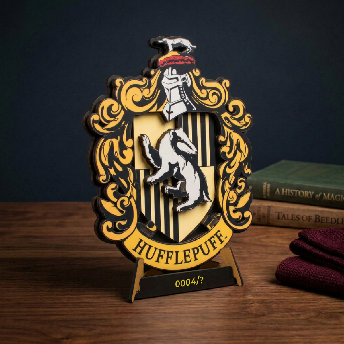 Hufflepuff wooden crest on its numbered display stand, angled against a dark background