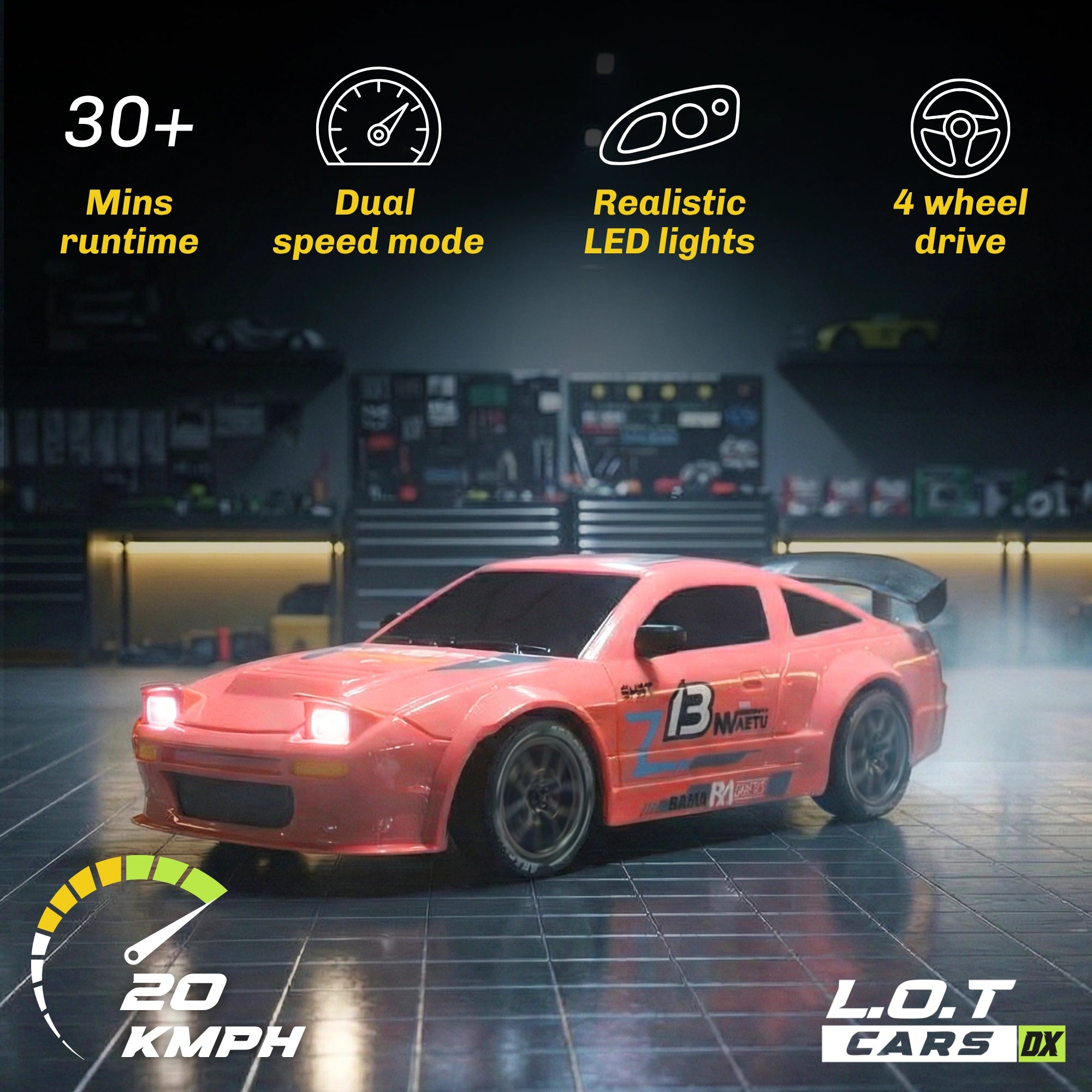 RC car with features listed on a dark background