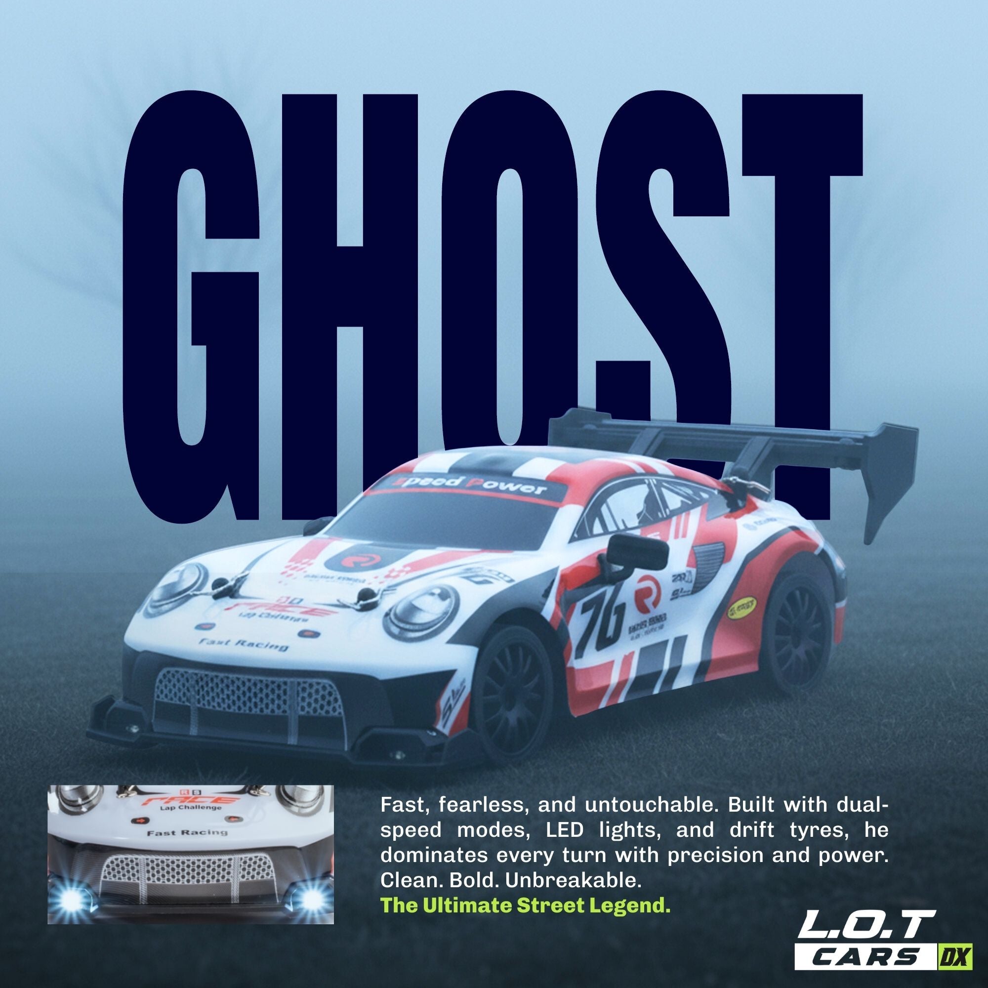 RC Racing car with 'GHOST' branding and specifications on a blue and gray gradient background.