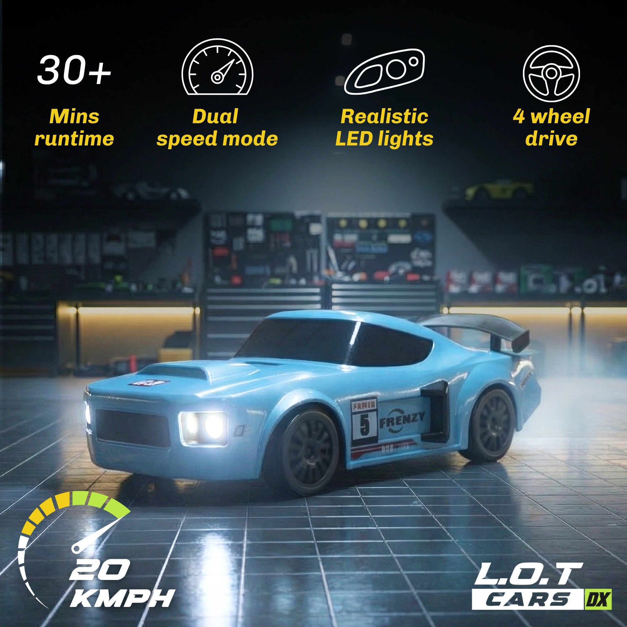 RC car with features highlighted on a dark background