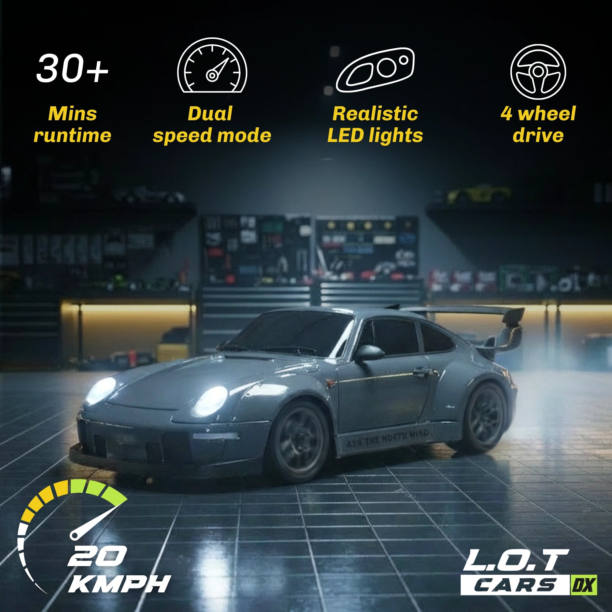 RC car with features highlighted on a dark background, featuring the L.O.T Cars DX brand.