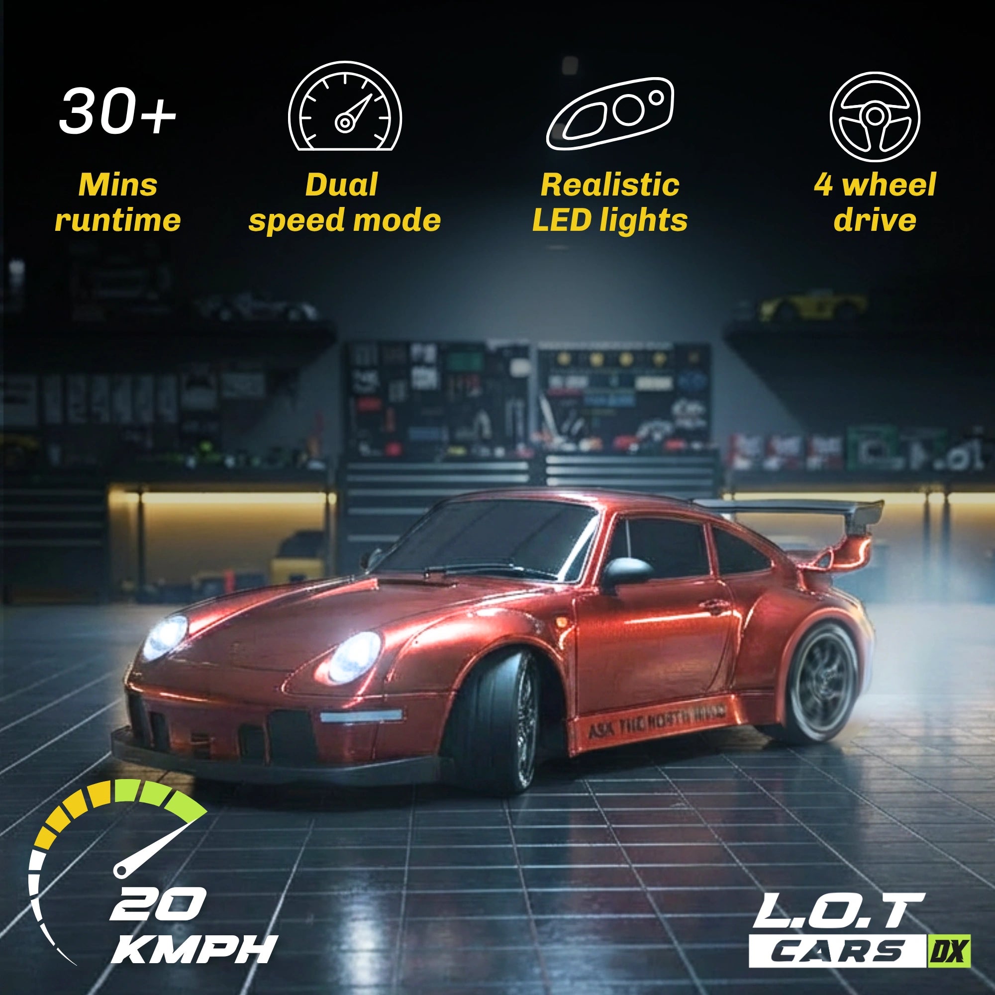 RC car with features highlighted on a dark background