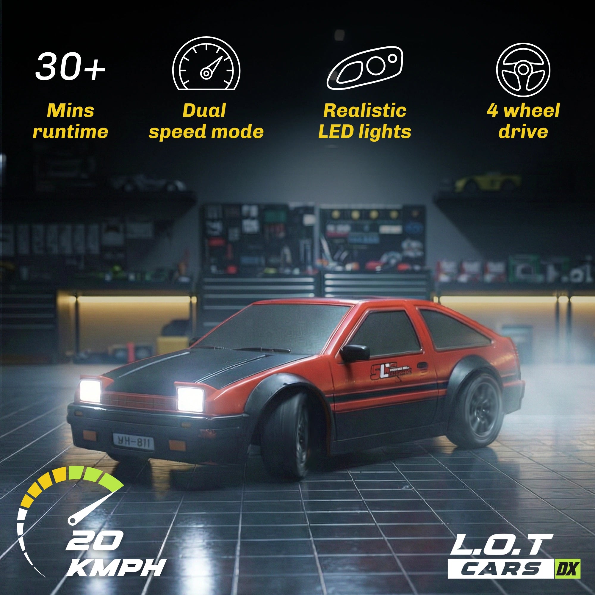 RC car with features listed on a dark background