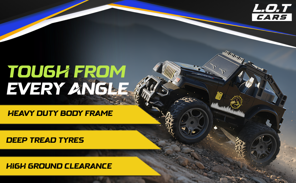 Toy RC truck on a rocky terrain with promotional text and L.O.T Cars branding.