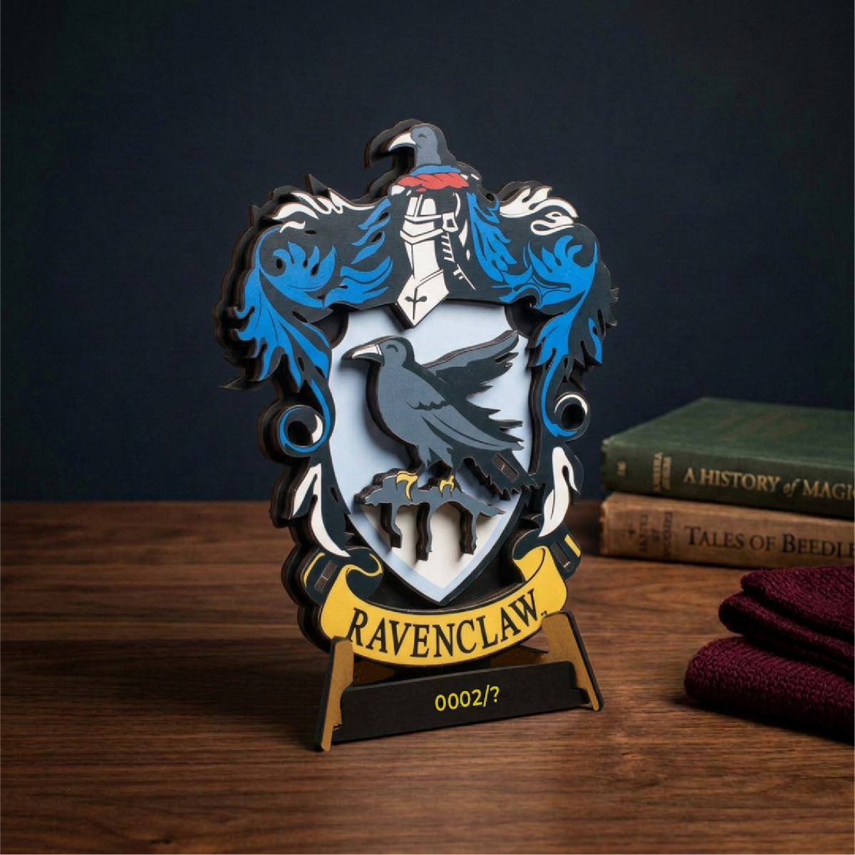 Ravenclaw wooden crest on its numbered display stand, angled against a dark background