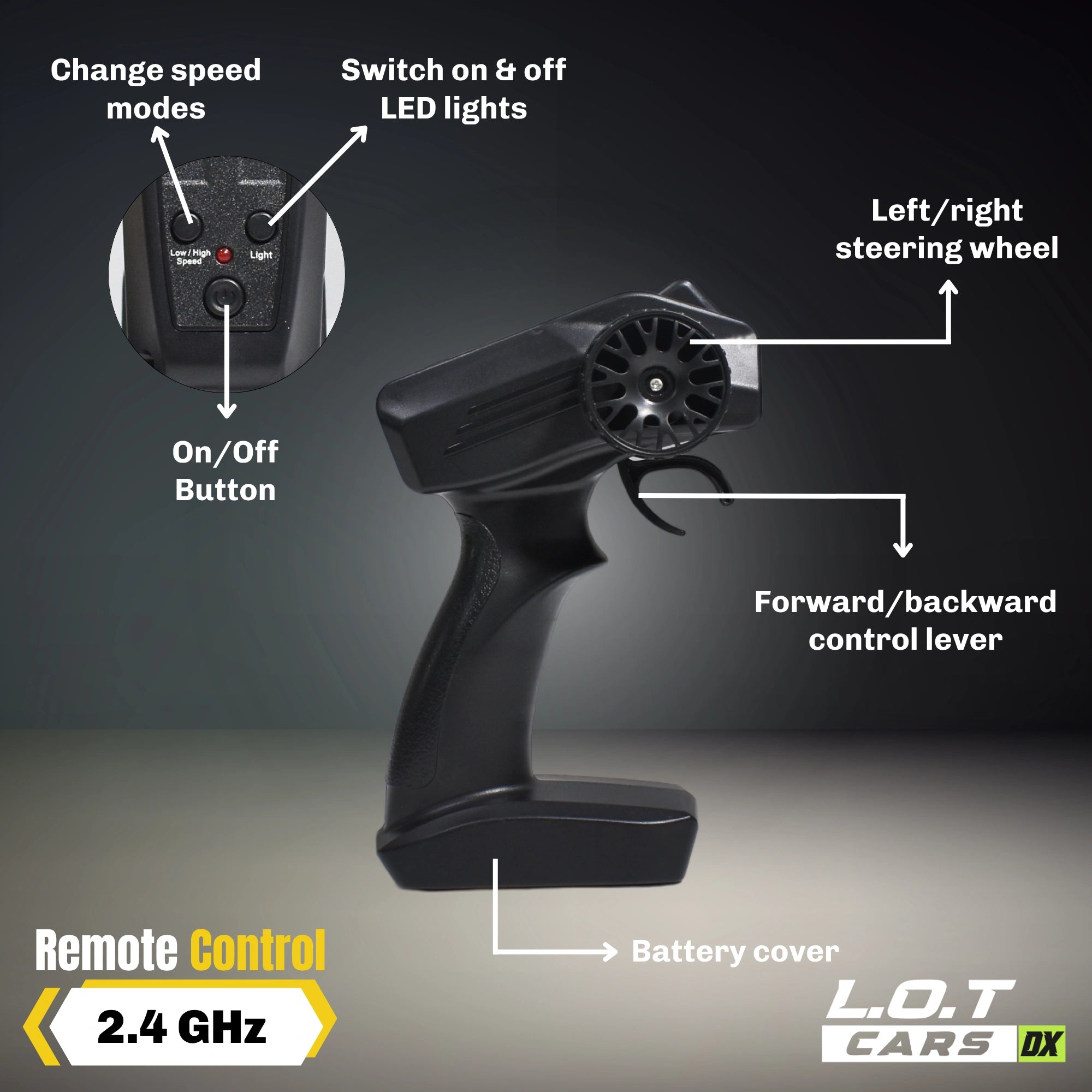 Black remote control with labeled features on a dark background, featuring L.O.T Cars DX branding.