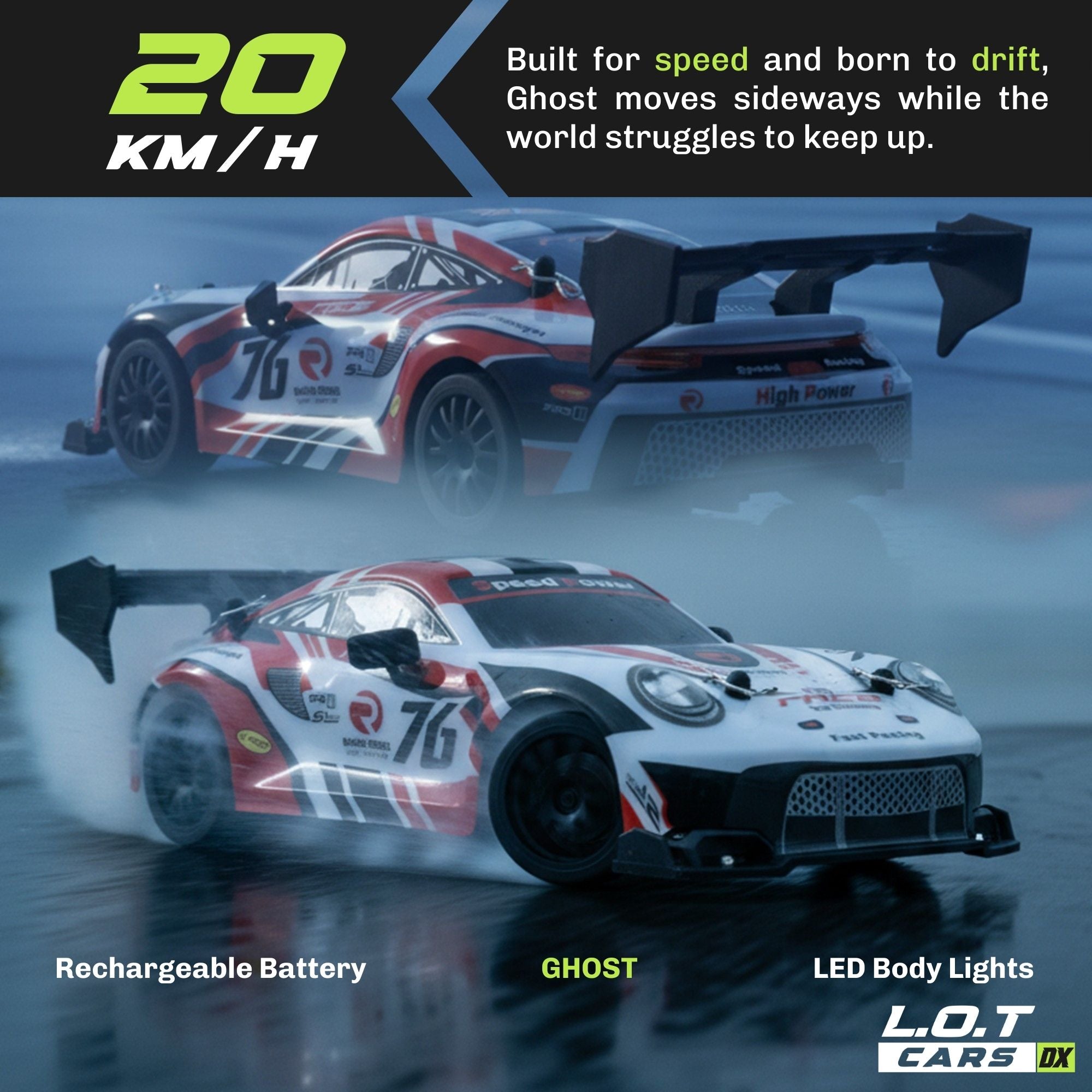 Model RC car with racing design on a reflective surface, featuring text about speed and features.