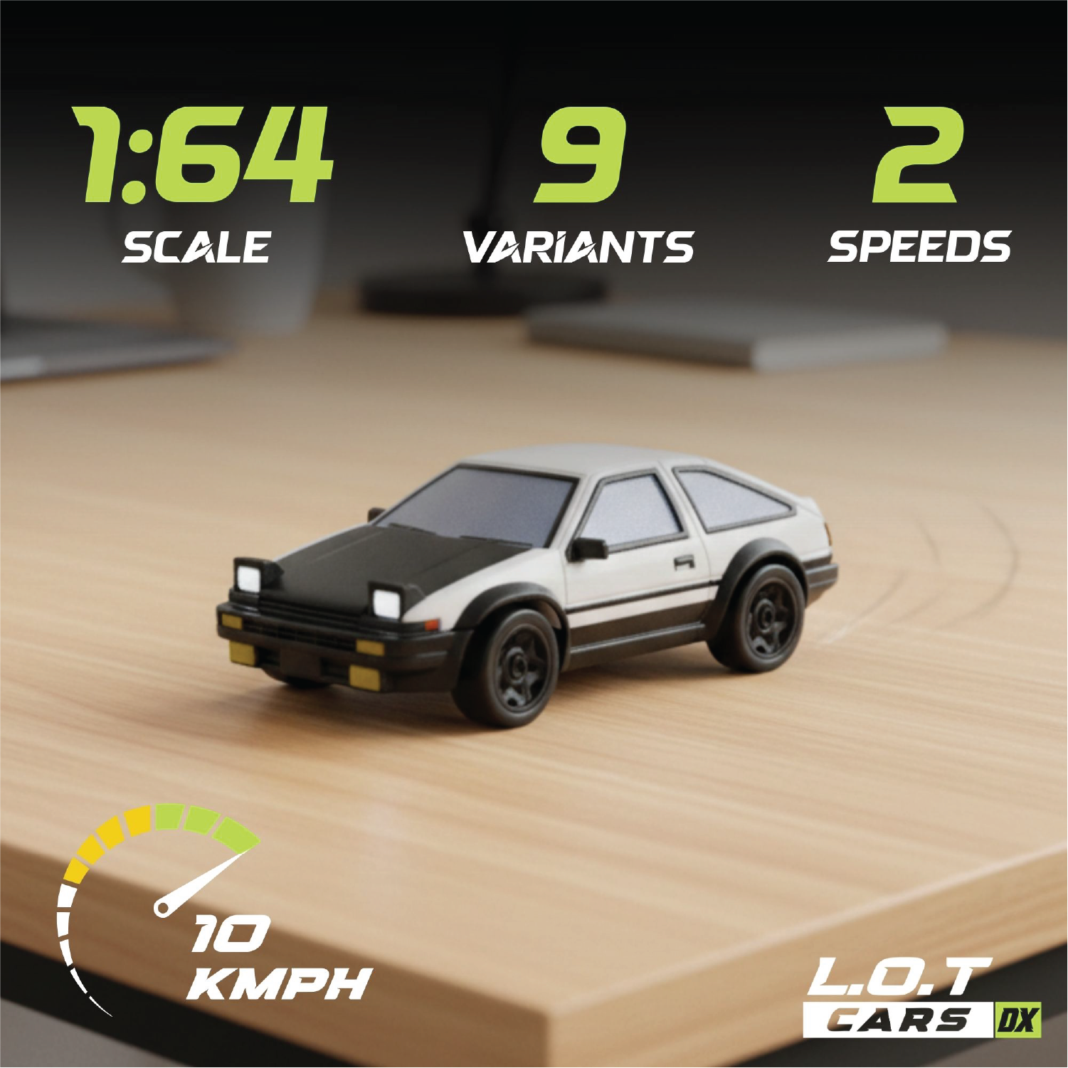 Model RC car on a wooden surface with specifications displayed.