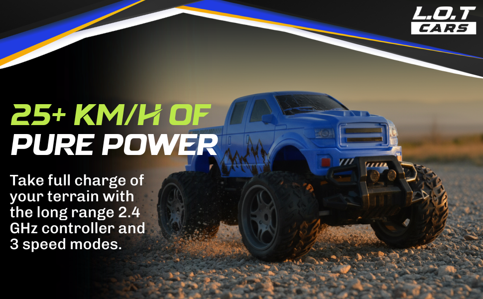 Blue remote control truck on a dirt road with promotional text about speed and features.