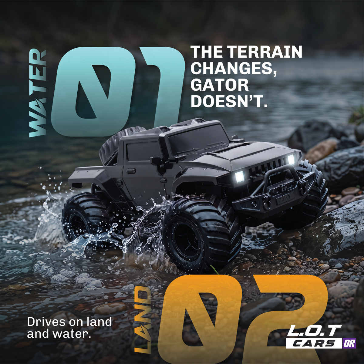 Water or land, Gator keeps going: the black Gator splashing out of the water onto rocks