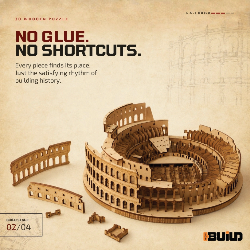Partly built wooden Colosseum with loose laser-cut pieces waiting on the table, no glue needed