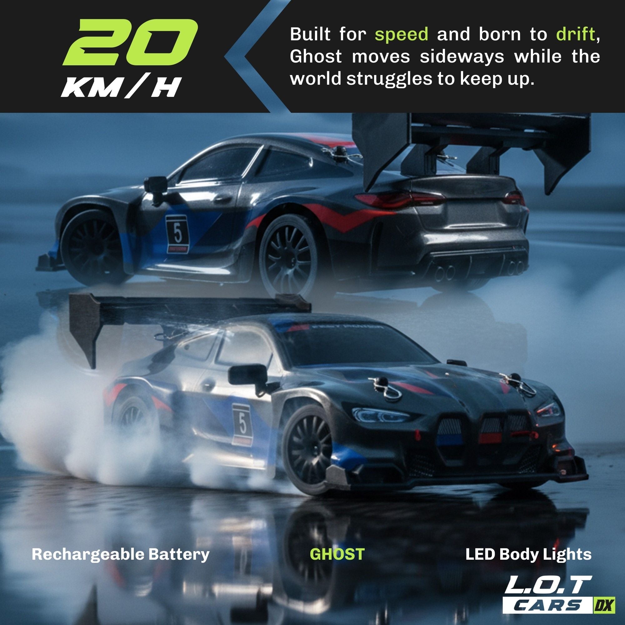 Two racing RC cars with text about speed and drifting on a blue gradient background.