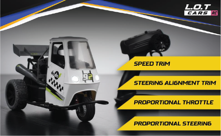 Model RC car 'otto' with remote control and features listed on a gray background