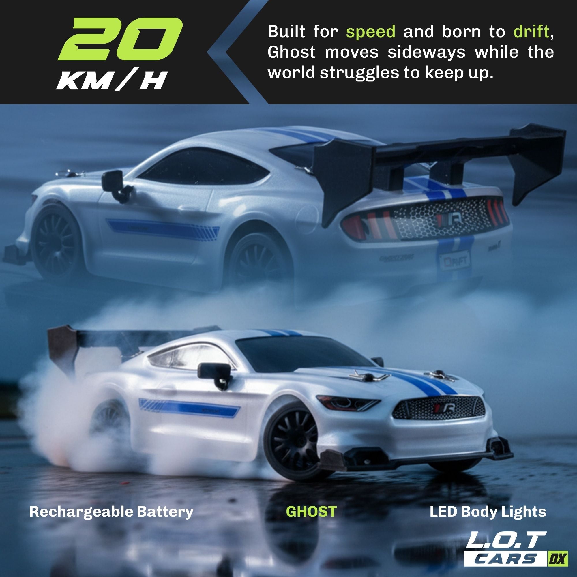 Toy RC car with drift features on a dark background