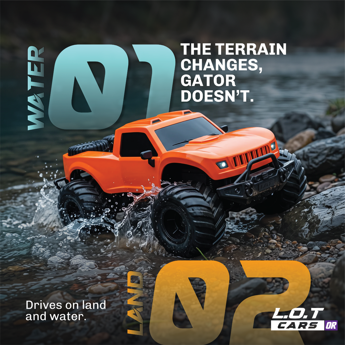 Water or land, Gator keeps going: the orange Gator splashing out of the water onto rocks