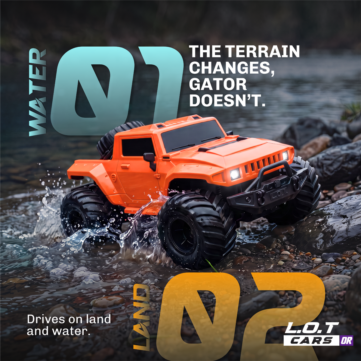 Water or land, Gator keeps going: the orange Gator splashing out of the water onto rocks