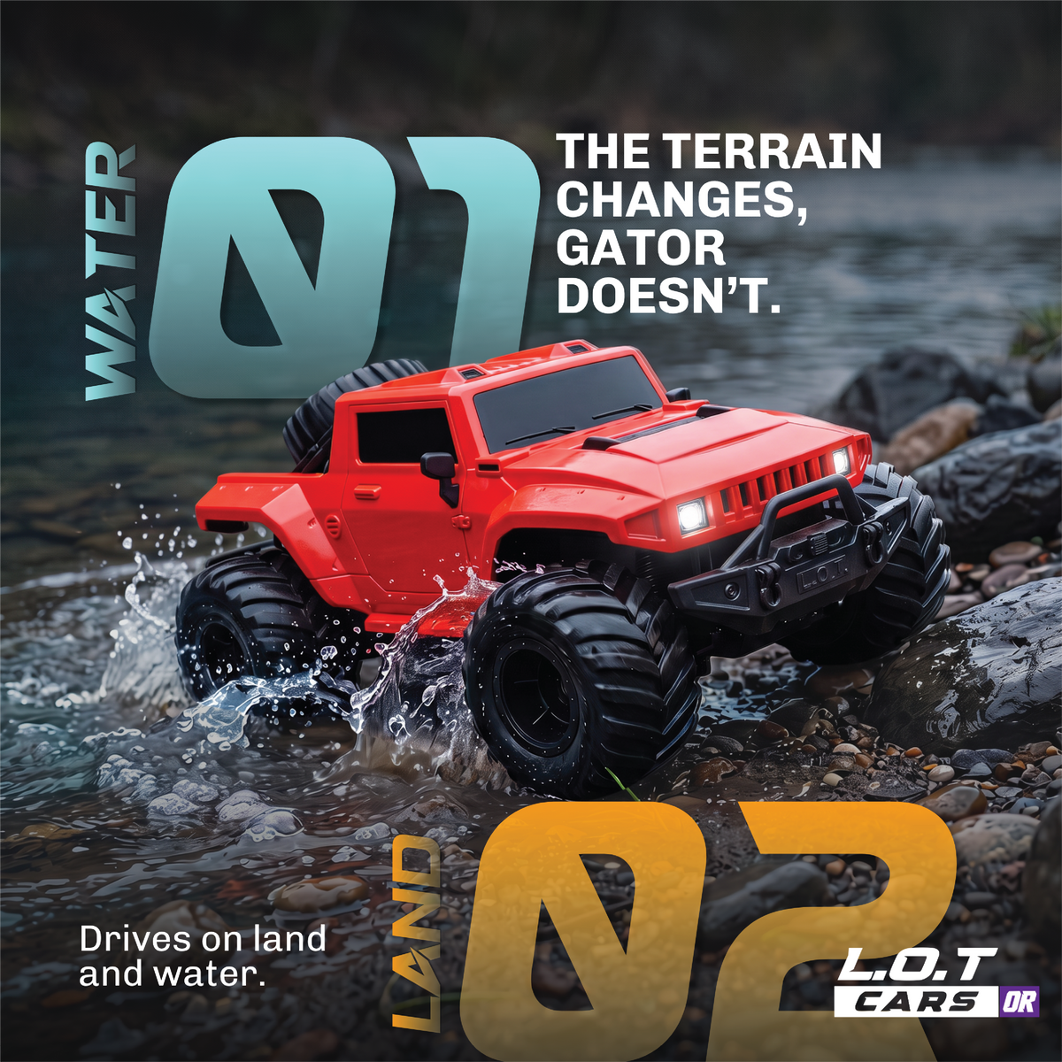 Water or land, Gator keeps going: the red Gator splashing out of the water onto rocks