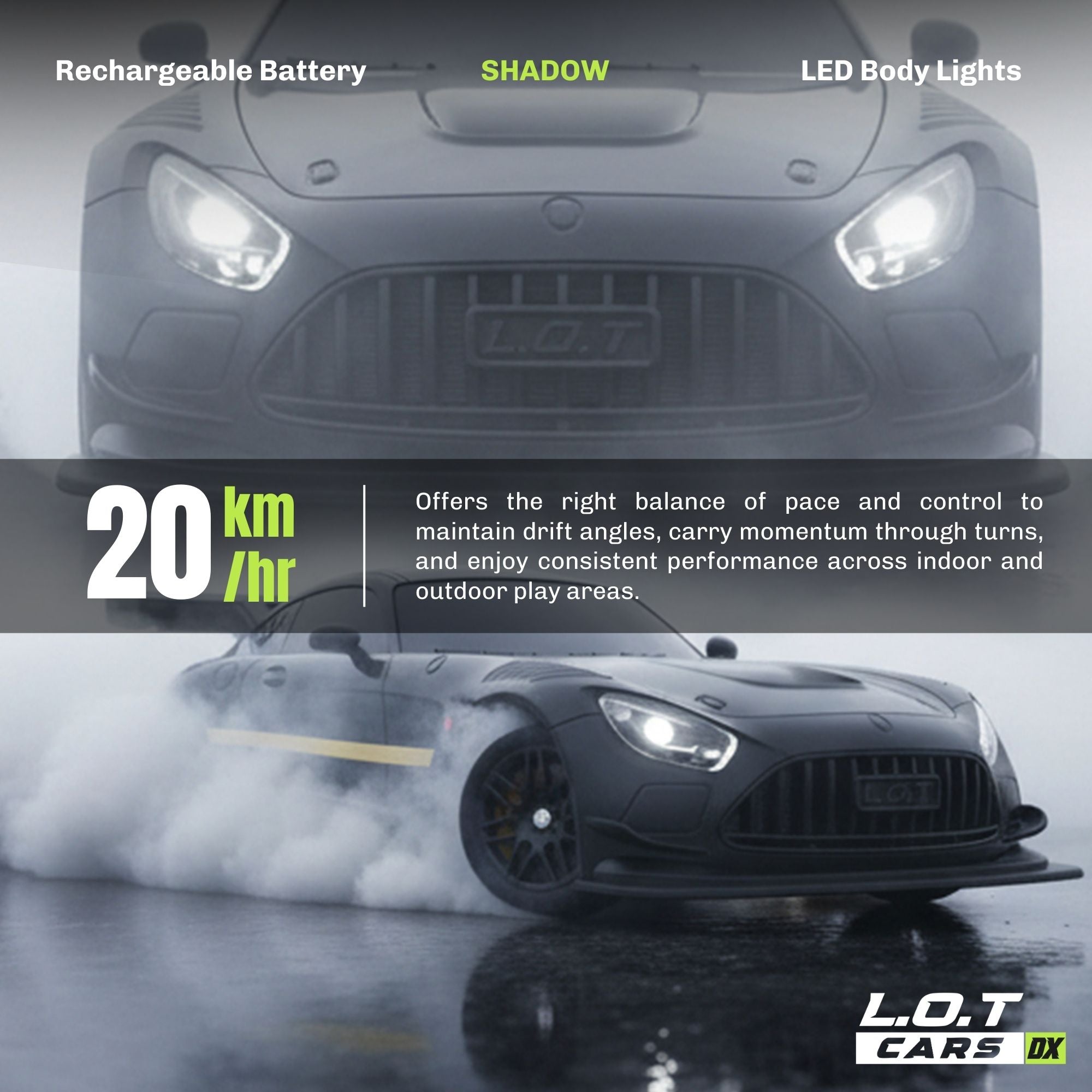 RC Car with LED body lights and text about performance, featuring L.O.T Cars branding.