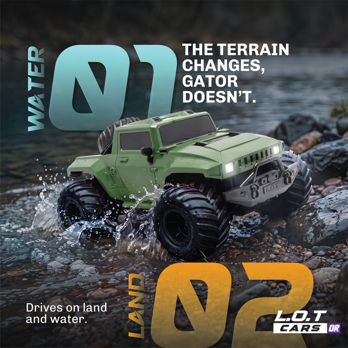 Water or land, Gator keeps going: the green Gator splashing out of the water onto rocks