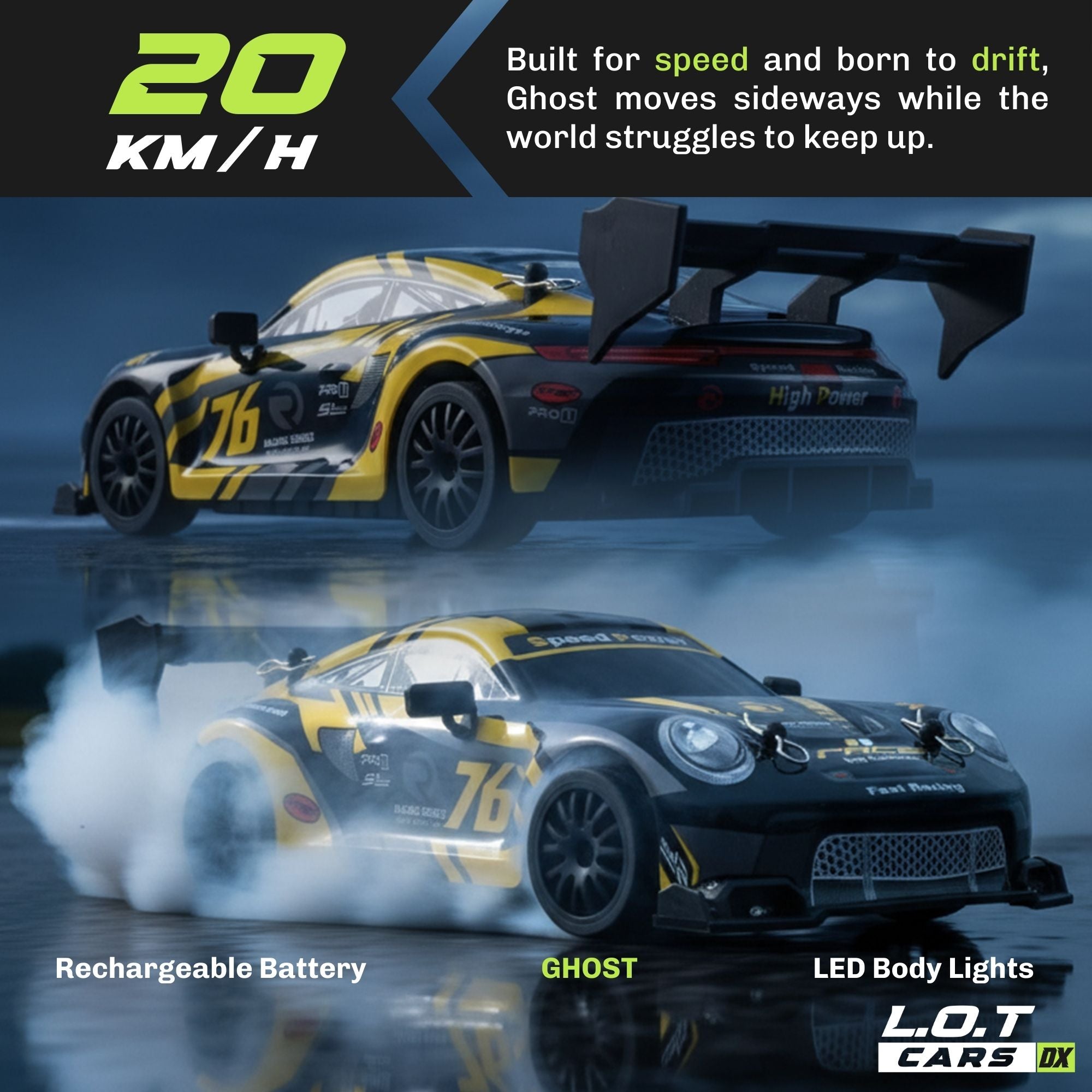 Toy RC car with yellow and black design, featuring text about speed and drift, on a dark background.