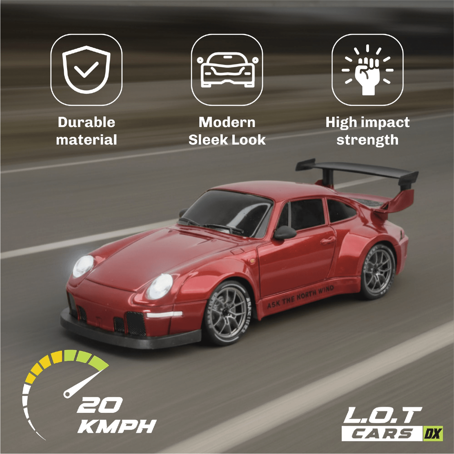 Red sports RC car on a road with features highlighted and L.O.T Cars branding.