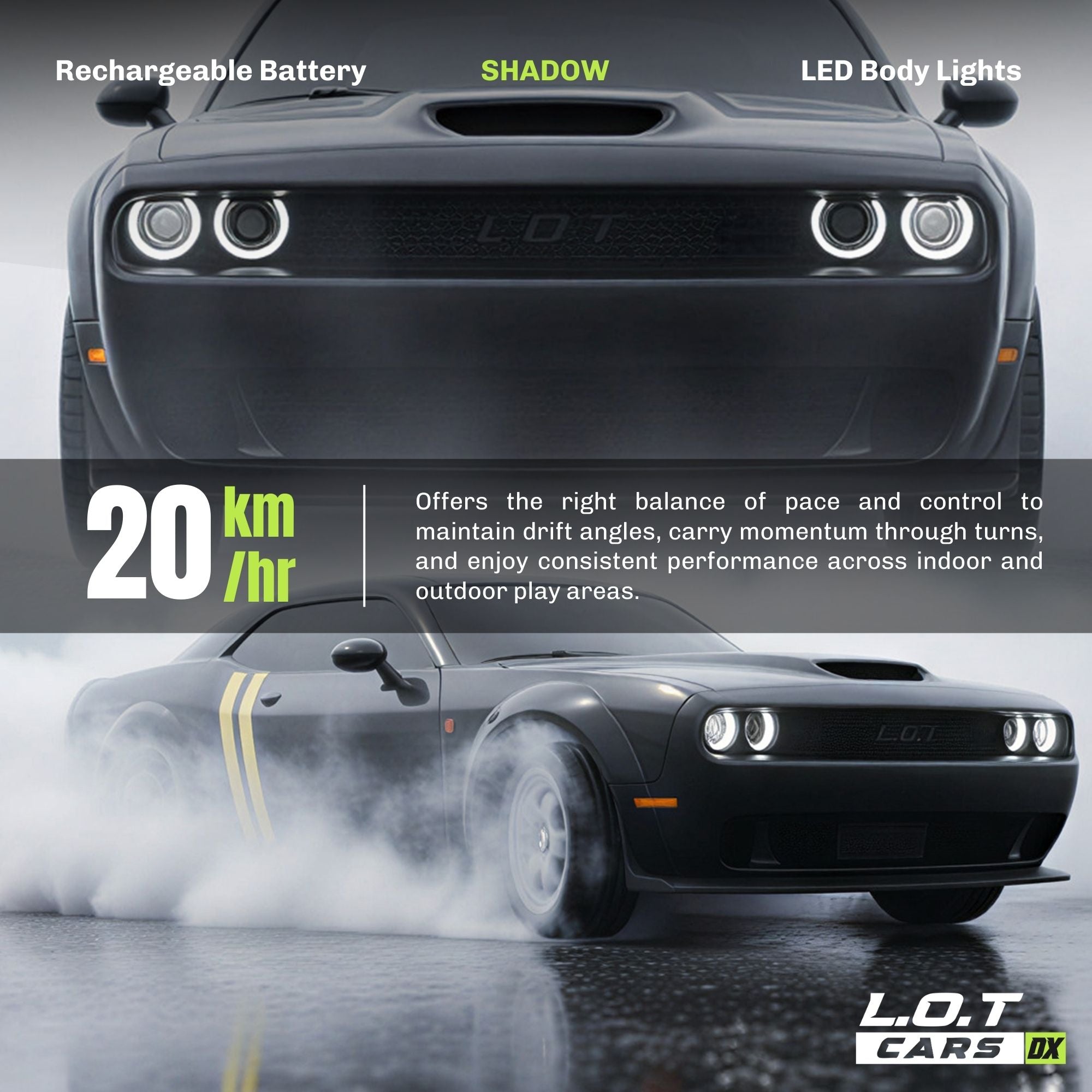 Black RC car with text highlighting features like rechargeable battery, LED body lights, and speed of 20 km/hr on a gray background.