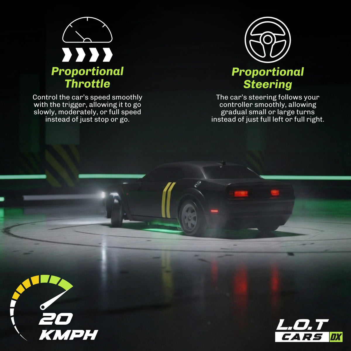 Black RC car on a track with controls for proportional throttle and steering, and a speed indicator at 20 KPH.