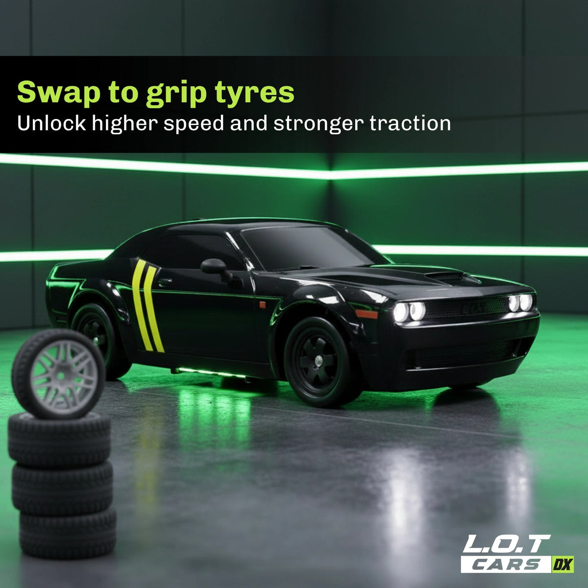 Black RC car with yellow stripes and grip tyres on a green and black background, featuring text about tyre swap benefits.
