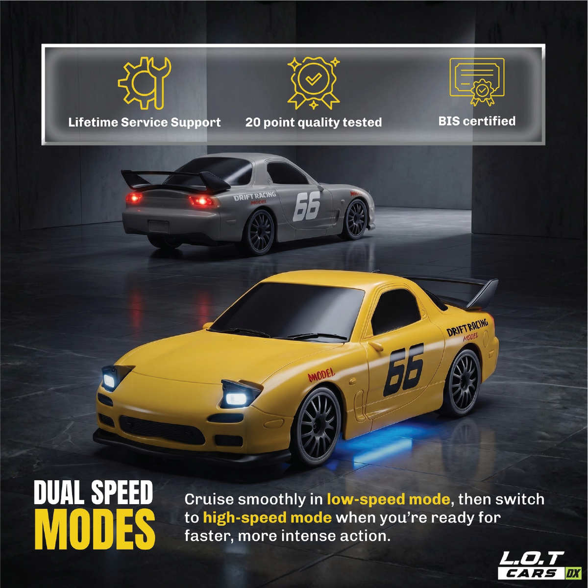 Dual speed modes on the yellow Vortex: cruise in low-speed mode, then switch to high speed, above trust badges