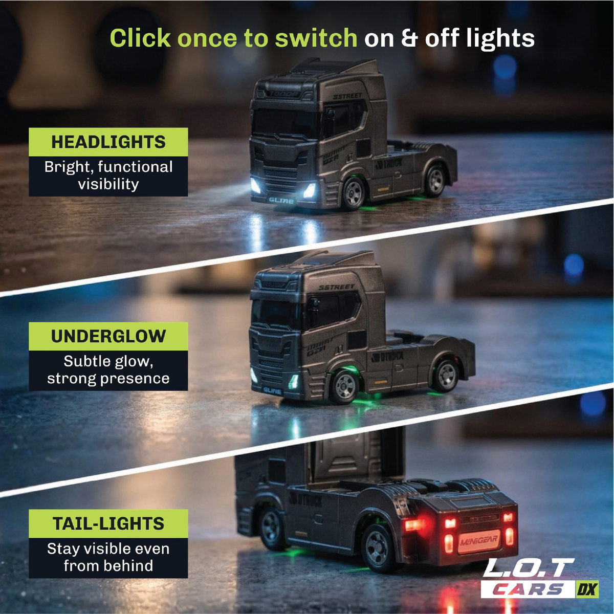 Lighting panel for Mac in grey: bright headlights, underglow beneath the cab and tail-lights visible from behind