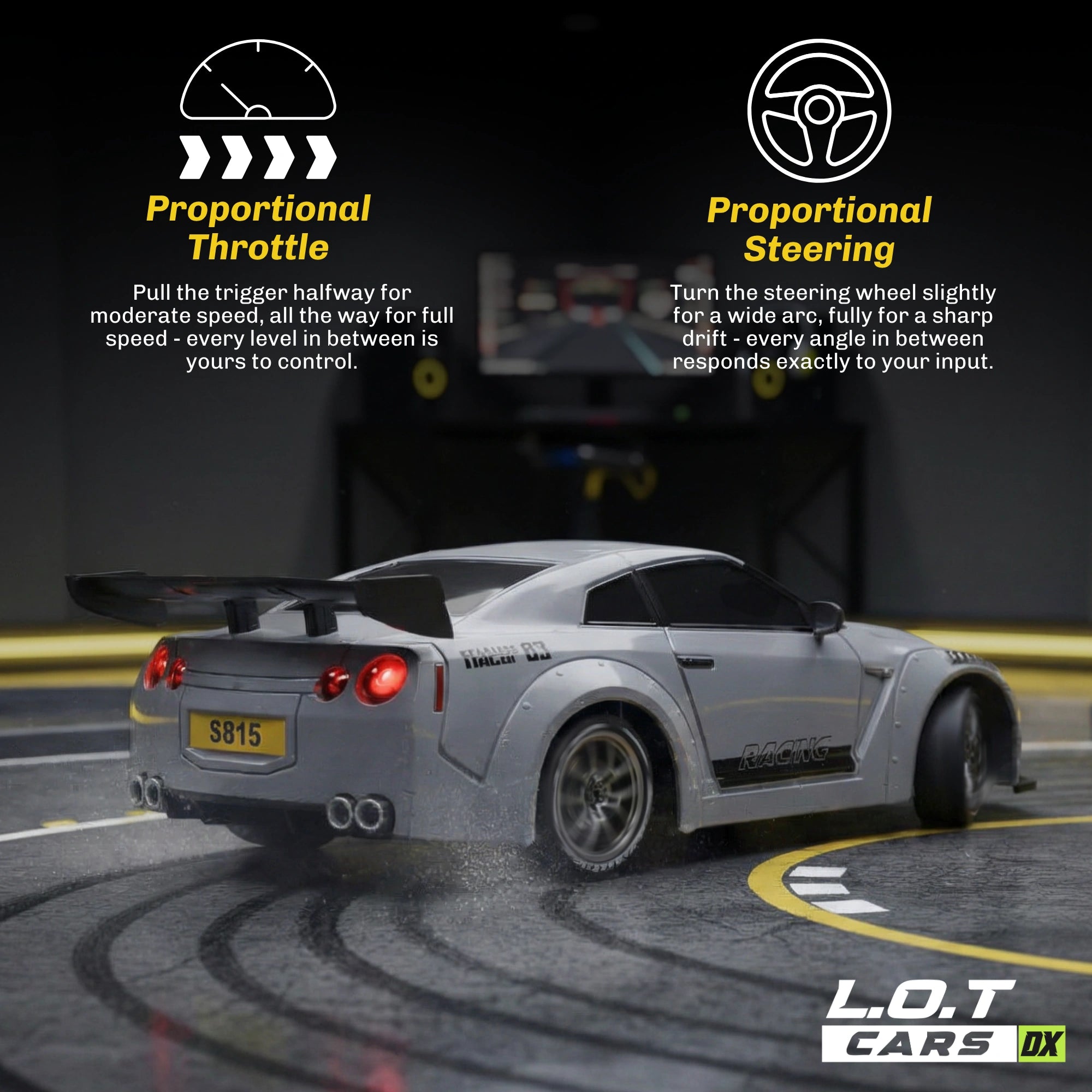 RC car on a track with instructions for proportional throttle and steering, and L.O.T Cars DX branding.