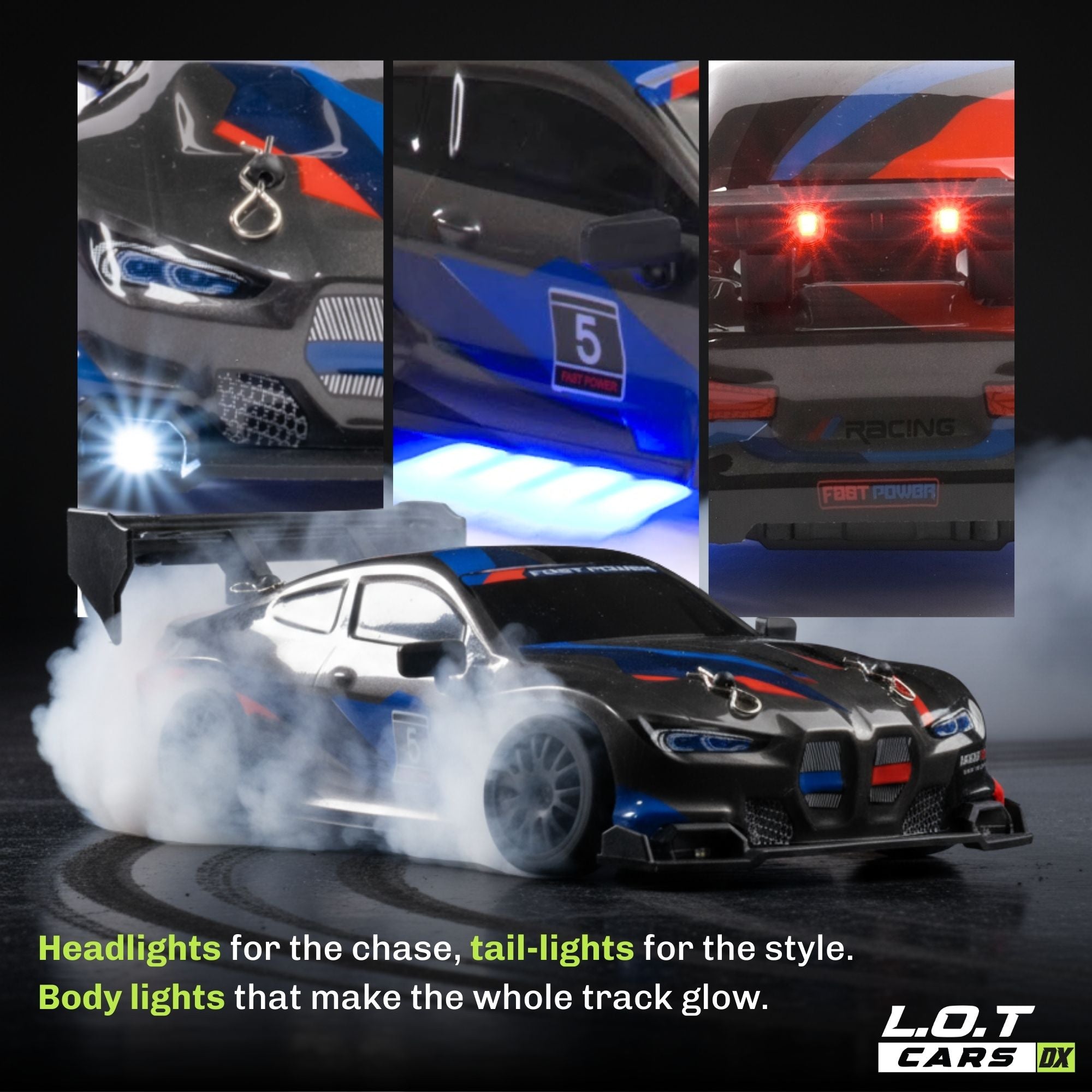 Collage of a racing car with various lights on a dark background, featuring L.O.T Cars DX branding.