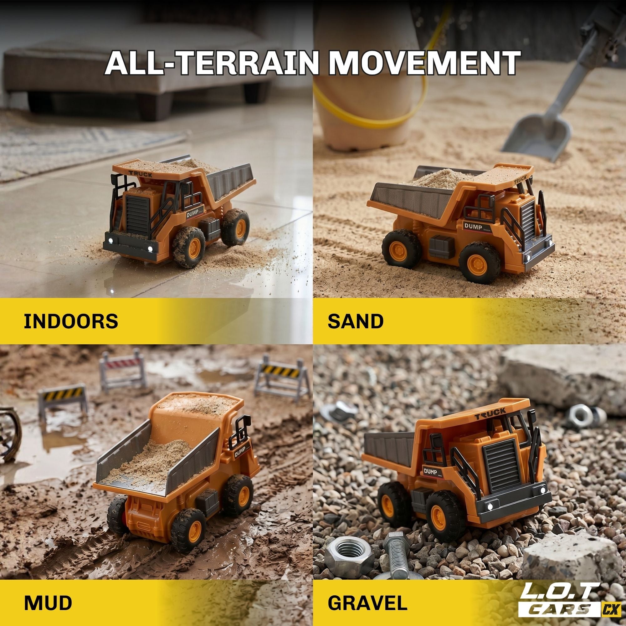 Collage of a RC dump truck demonstrating all-terrain movement on different surfaces.