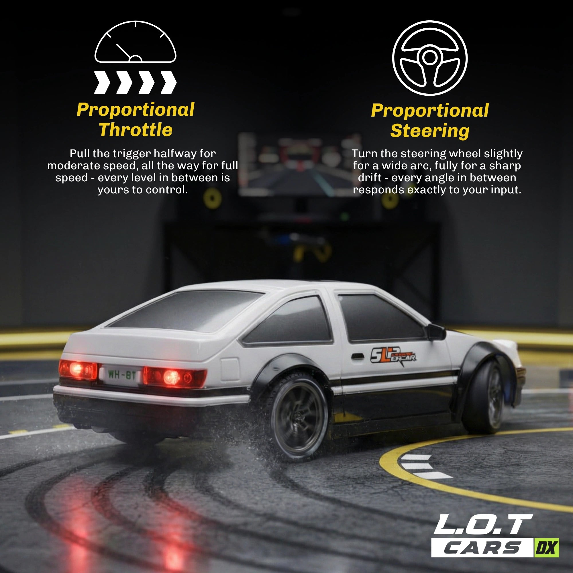 RC car on a track with proportional throttle and steering text, L.O.T Cars DX branding.