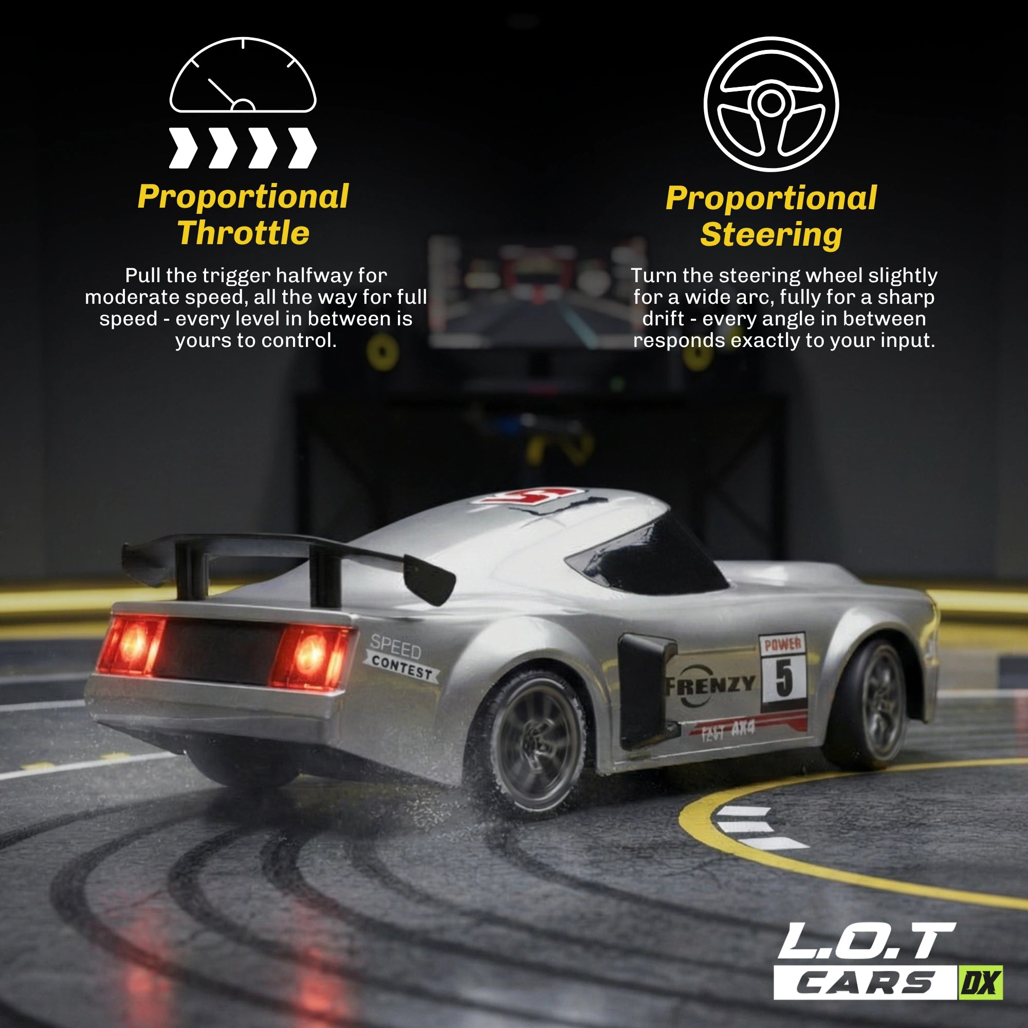 RC car on a track with proportional throttle and steering text overlay