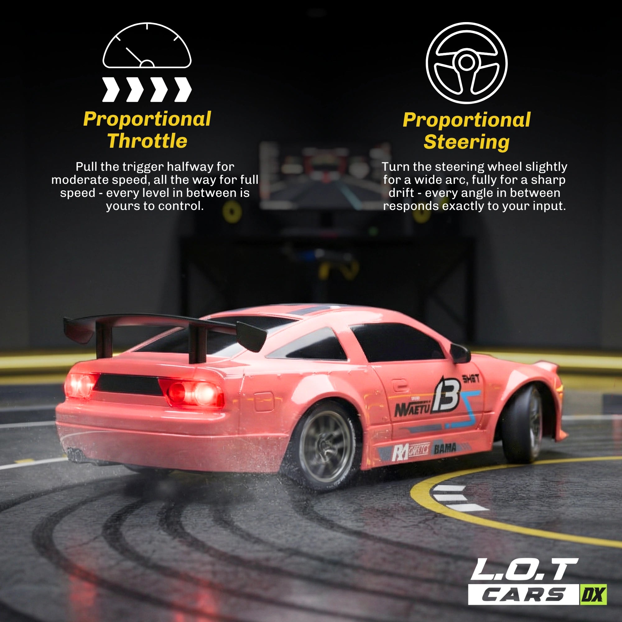 RC car on a track with proportional throttle and steering text, L.O.T Cars DX branding.