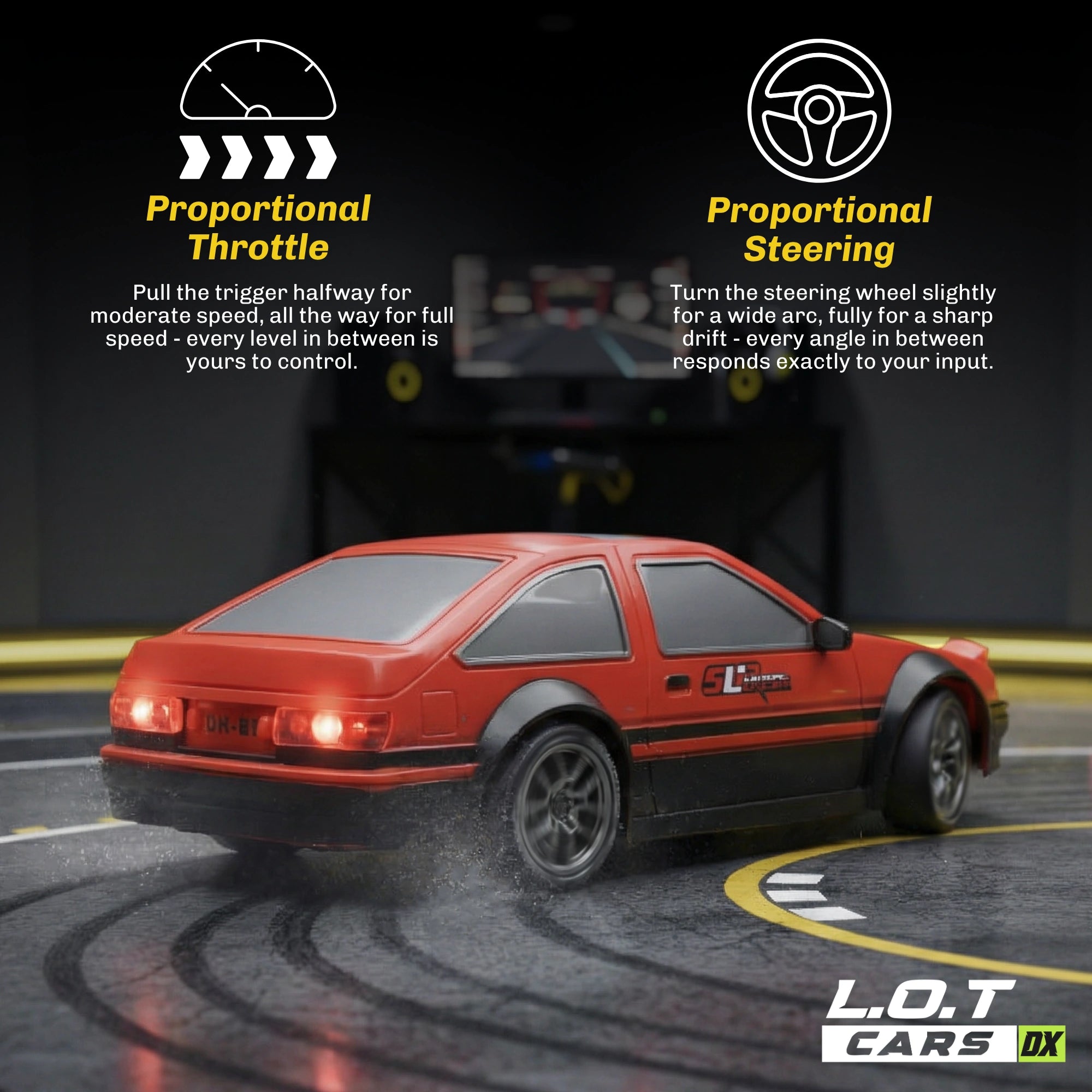 Red RC car on a track with proportional throttle and steering controls displayed.