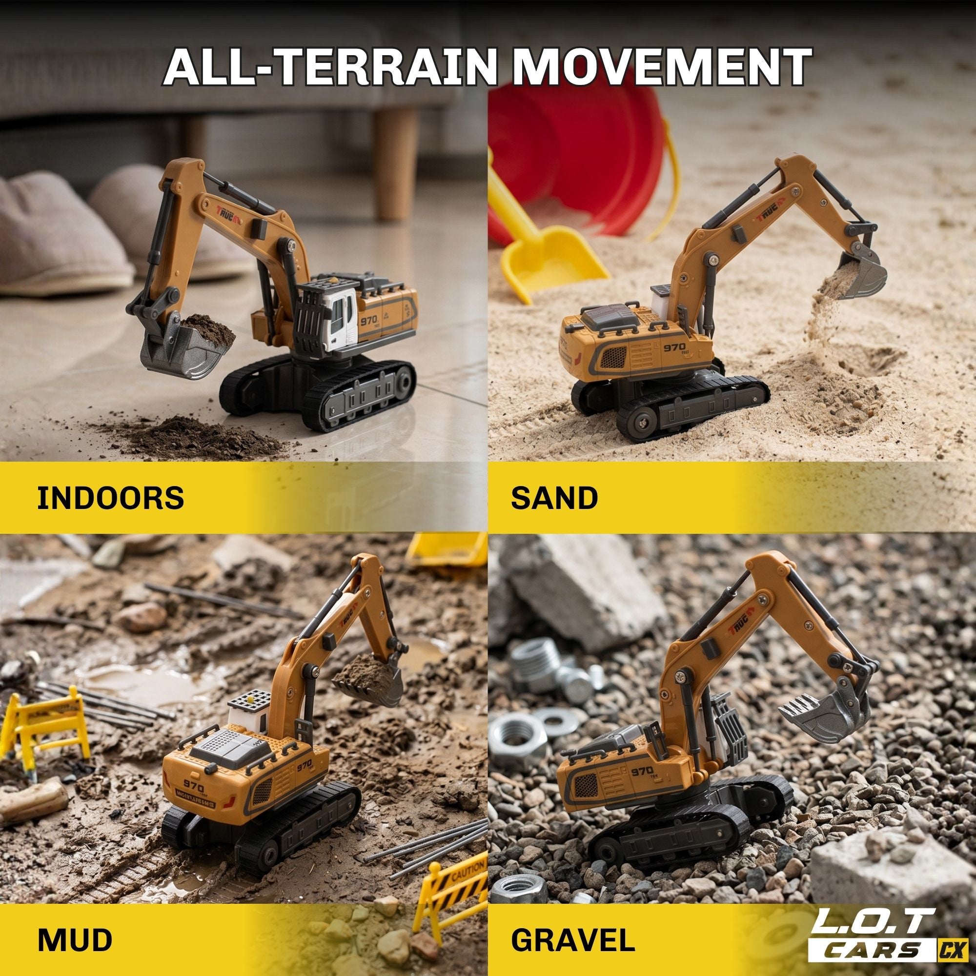 RC excavator demonstrating all-terrain movement on different surfaces with 'L.O.T Cars' branding.