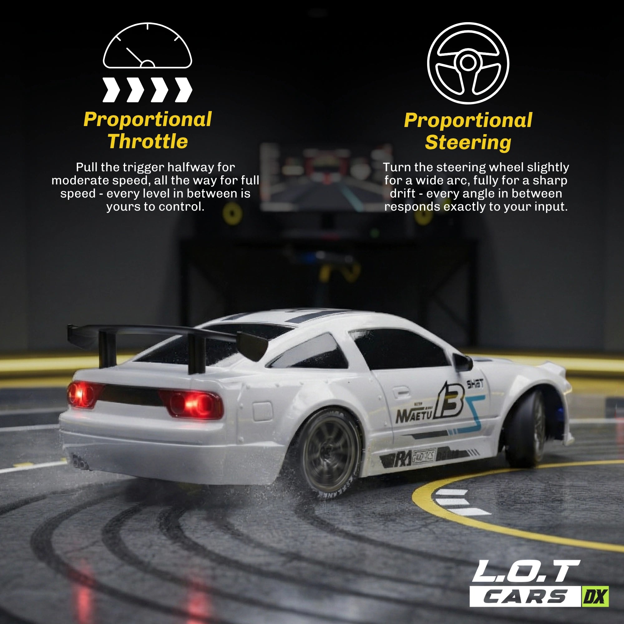 RC car on a track with proportional throttle and steering text overlay