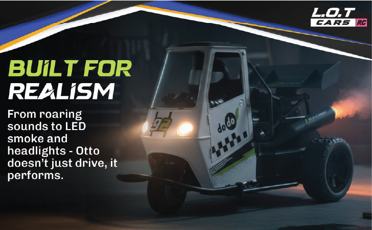 Model RC car with LED smoke and headlights on a dark background, featuring L.O.T CARS branding.