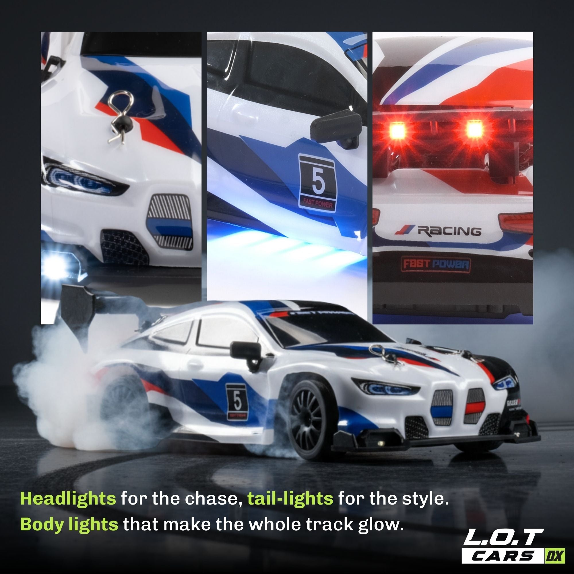 Collage of a racing RC car with various lights on a dark background, featuring the L.O.T Cars brand.