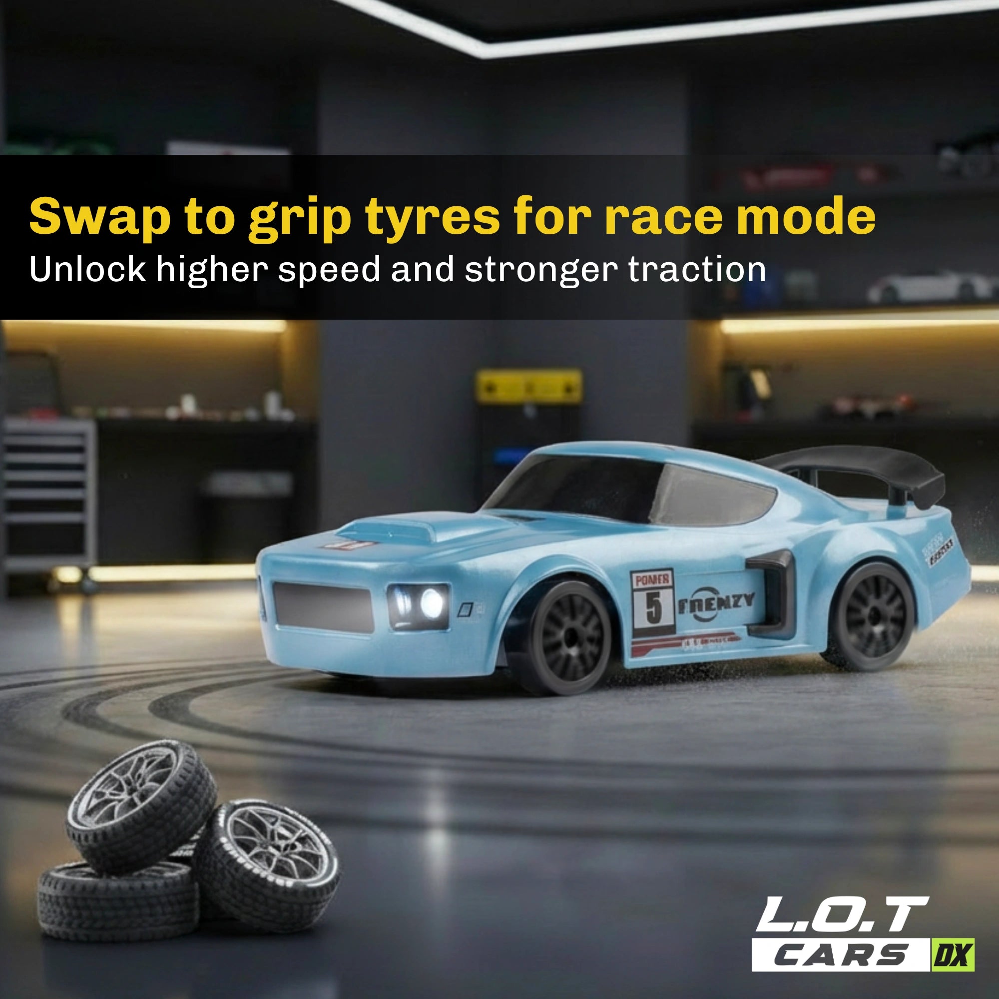 RC car with grip tyres on a track in a garage setting, featuring text about race mode.