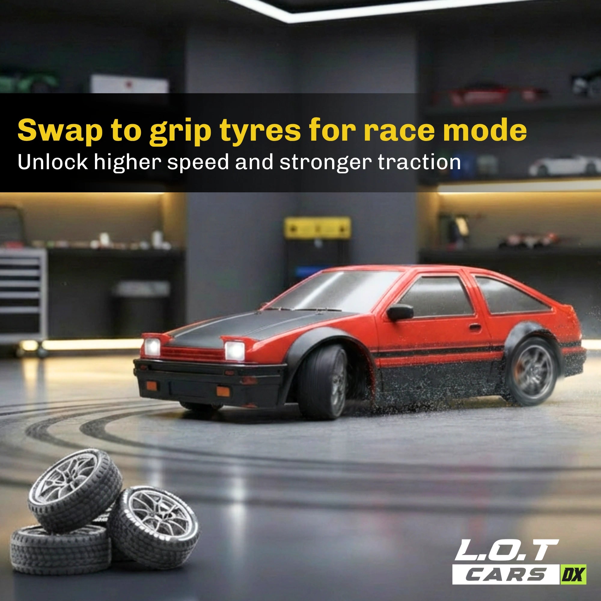 RC car with grip tyres on a track in a garage setting, featuring text about race mode.