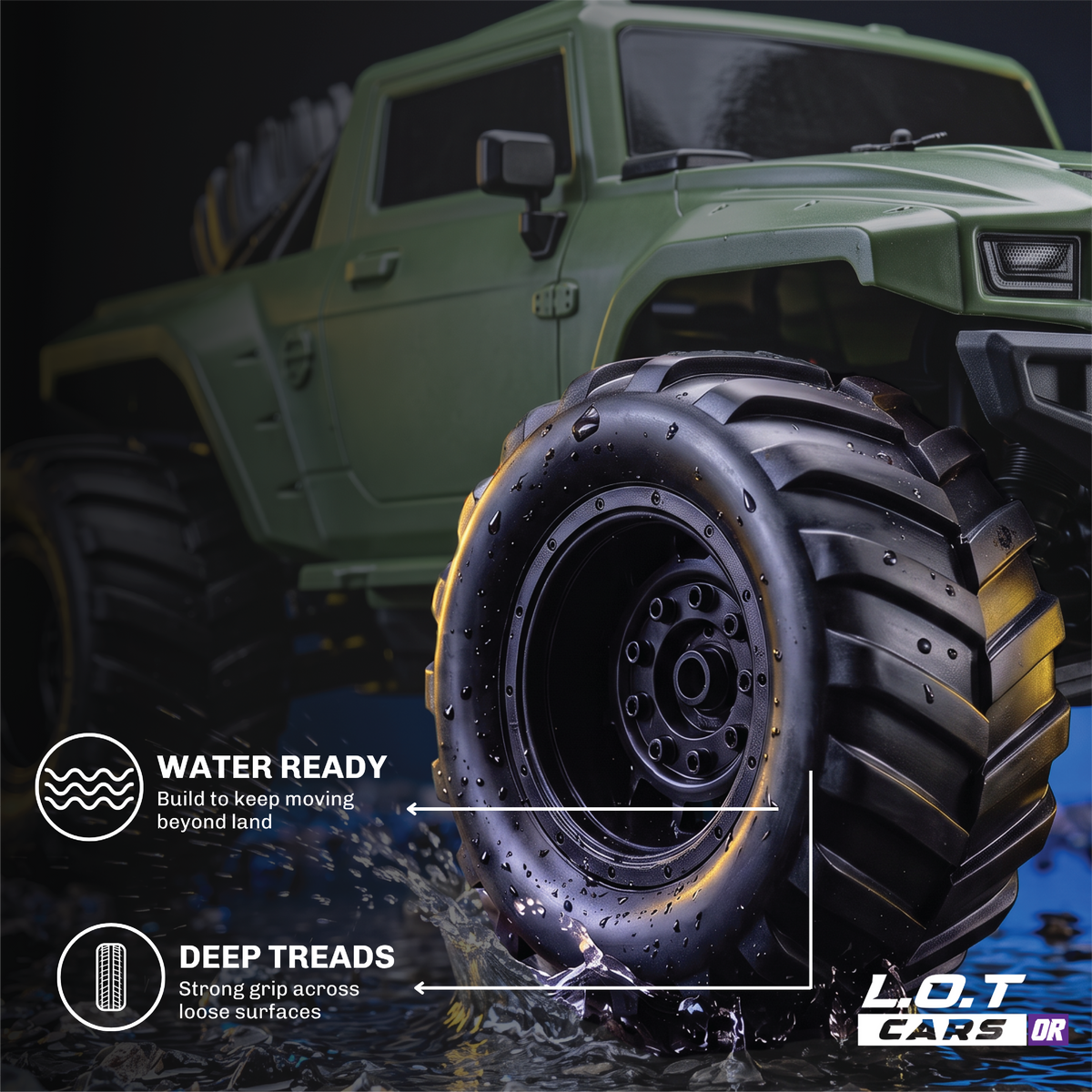 Close-up of the green Gator's oversized tyre, with deep treads for grip on loose ground and in water