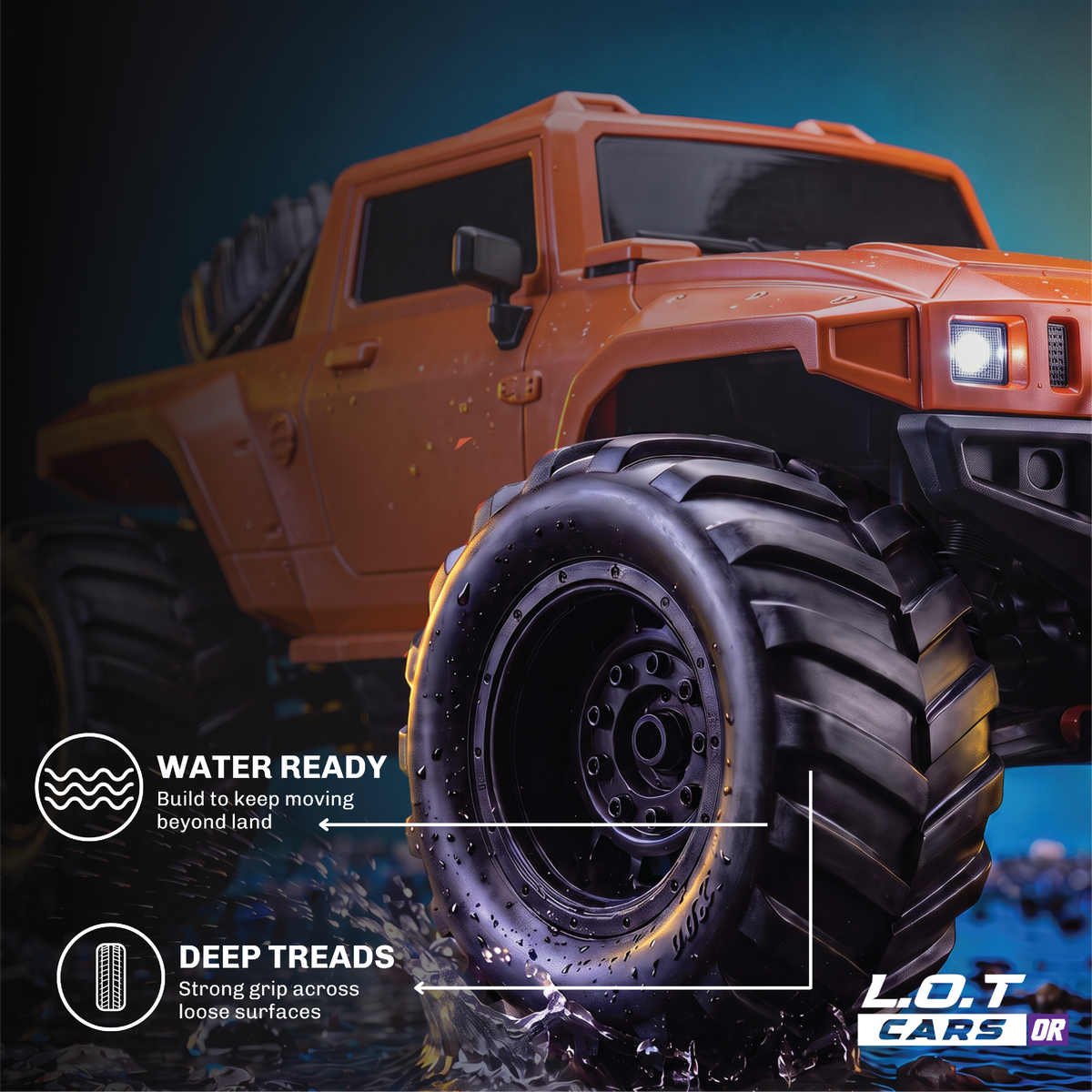 Close-up of the orange Gator's oversized tyre, with deep treads for grip on loose ground and in water