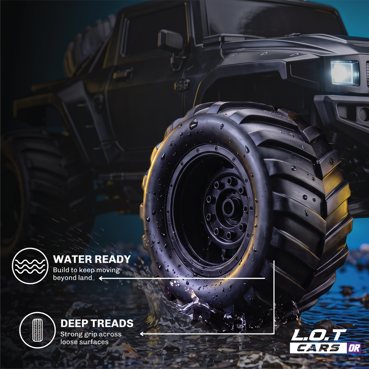 Close-up of the black Gator's oversized tyre, with deep treads for grip on loose ground and in water