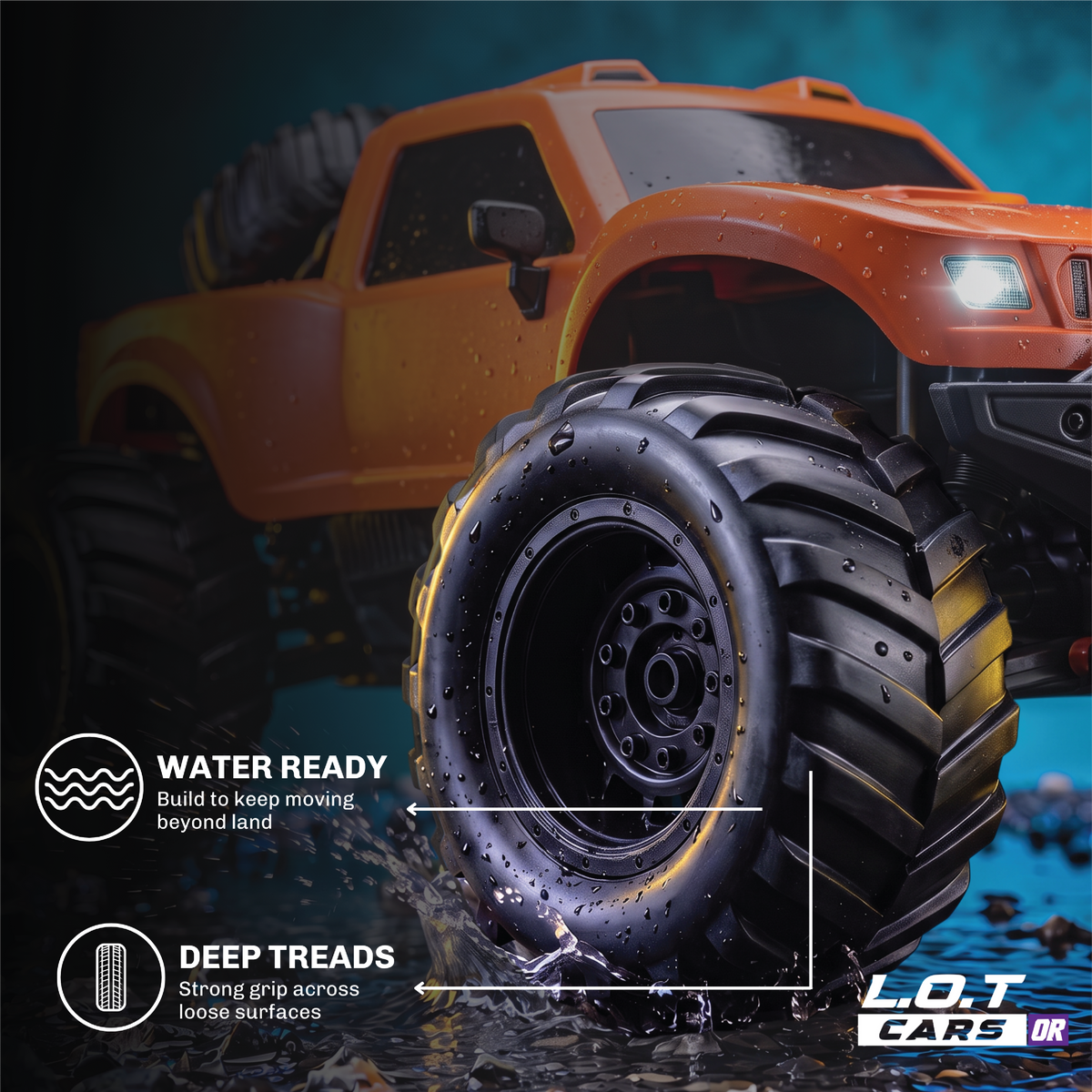 Close-up of the orange Gator's oversized tyre, with deep treads for grip on loose ground and in water