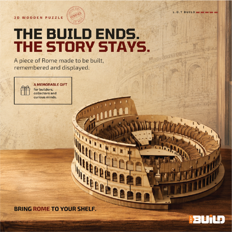 Finished wooden Colosseum model on a desk, presented as a gift for builders and collectors
