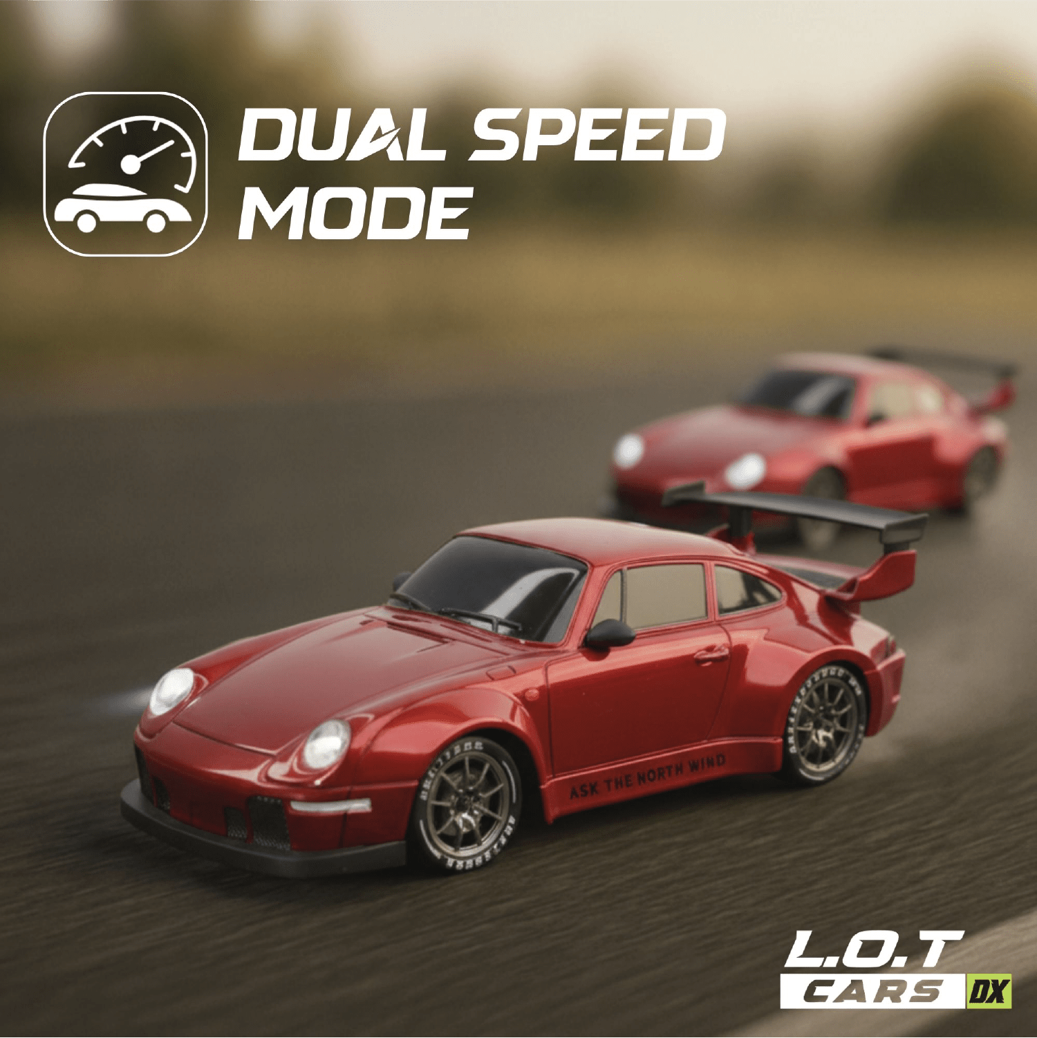 Red toy RC cars with 'Dual Speed Mode' text and L.O.T CARS logo on a blurred track background.